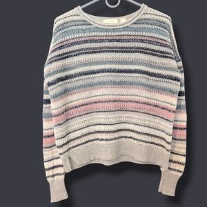 Inhabit Multi Stripe Cashmere Linen Sheer Open Knit Crewneck Sweater SM